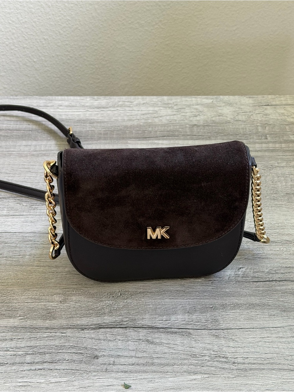 Michael Kors Dark Brown Suede & Leather Crossbody with Gold Chain